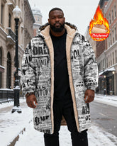Big & Tall Men's Newspaper Graffiti Print Velvet Thickened Long Hooded Coat